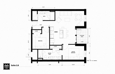 Floor plan for 2 beds, 2 baths, 966 sqft